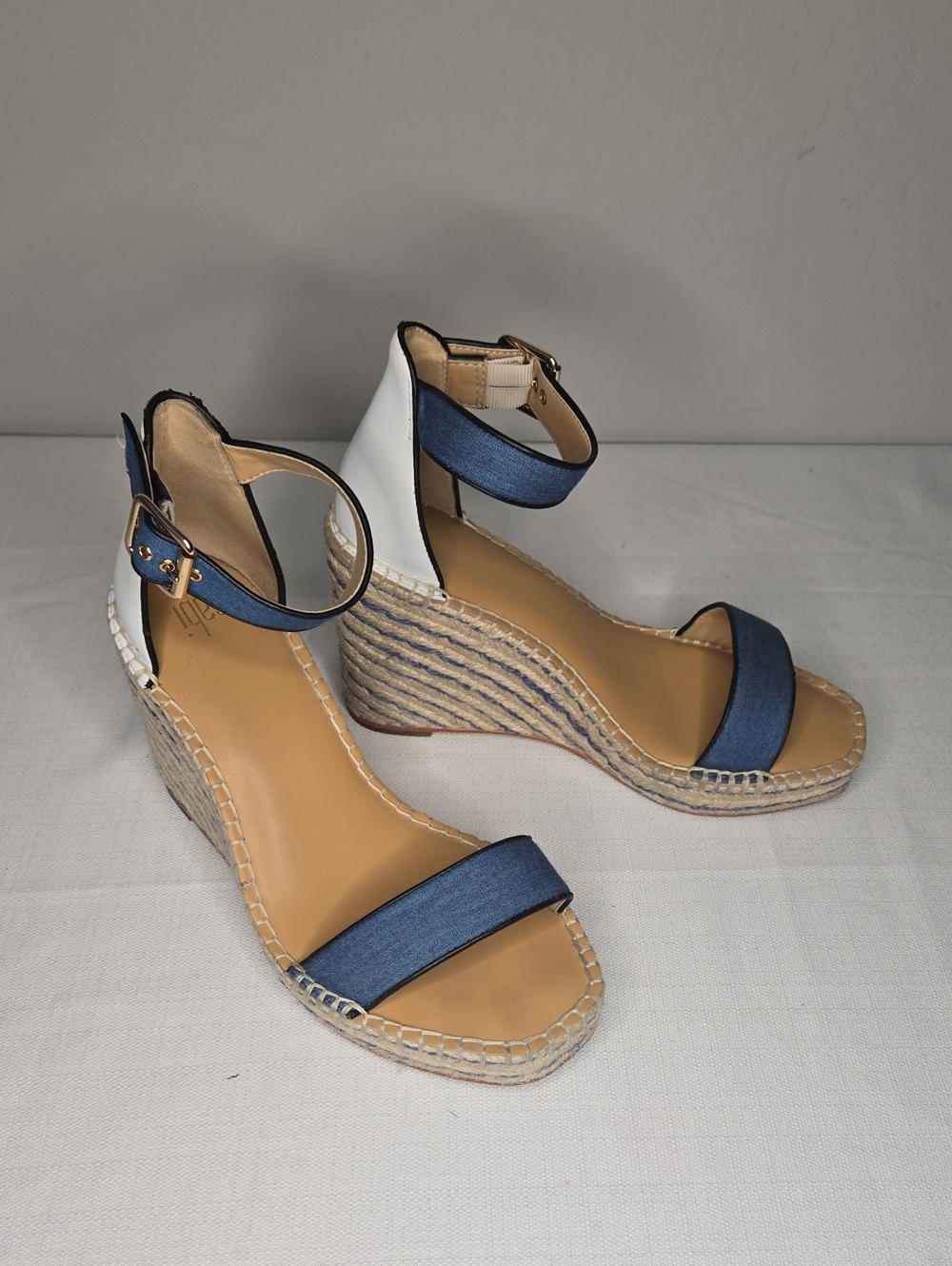 CAbi Blue and White Espadrille Wedge Sandals with Ankle Strap